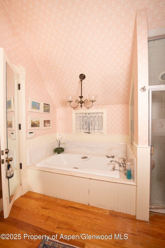 Bathroom, Chandelier, Interior, Wood Texture Flooring
