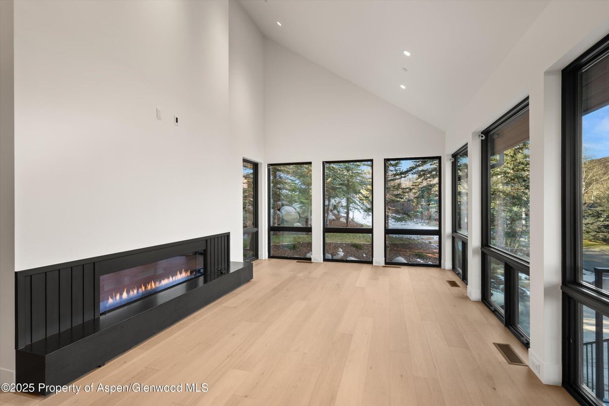 Fireplace, Interior, Recessed Lighting, Wood Texture Flooring