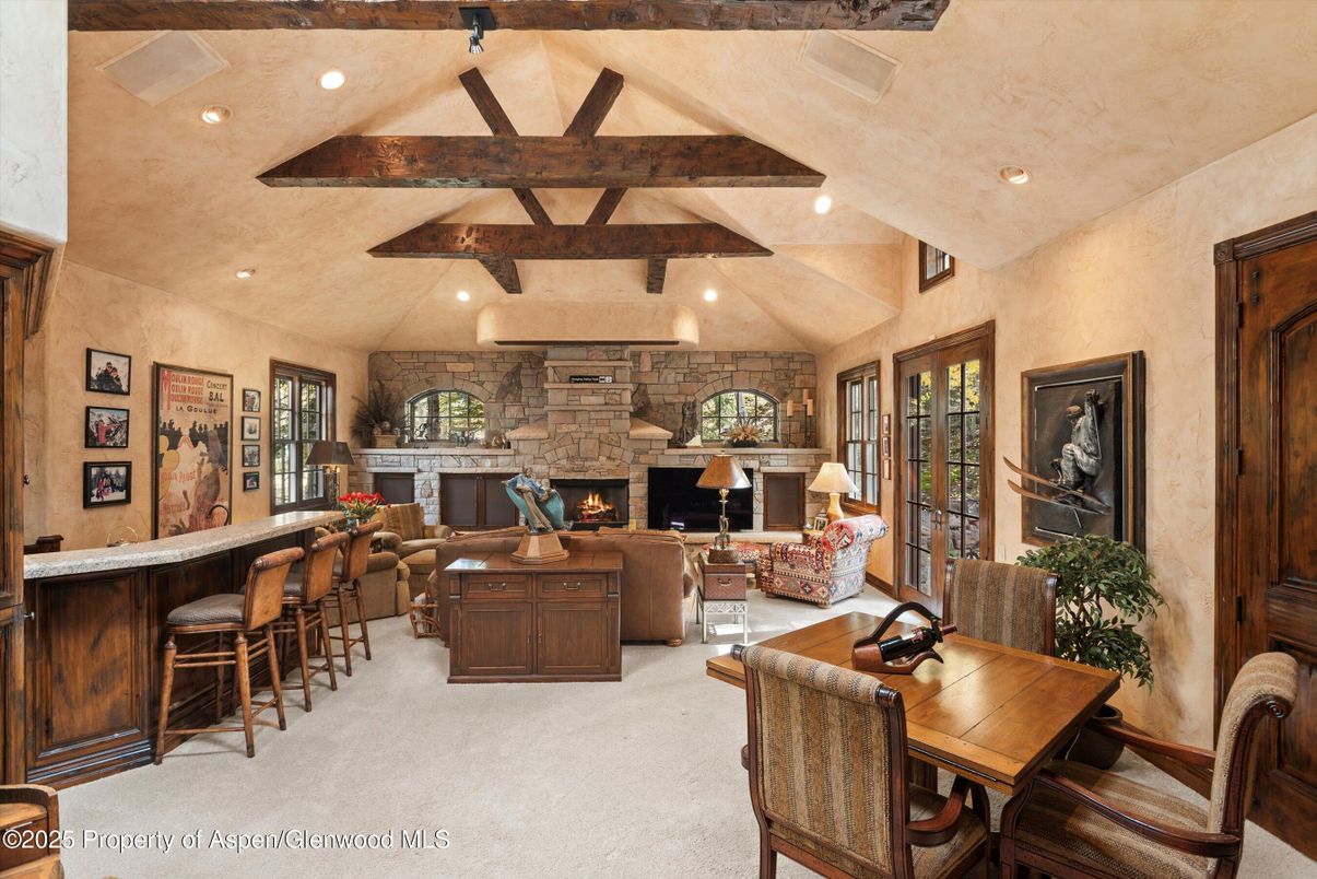 Fireplace, Interior, Living room, Recessed Lighting, Stone Walls, Wooden Beams