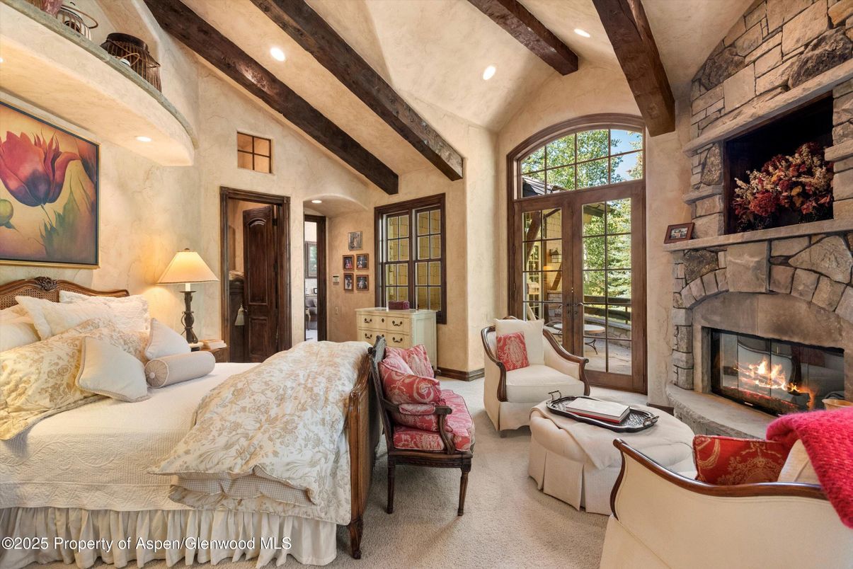 Fireplace, Interior, Living room, Recessed Lighting, Stone Walls, Wooden Beams