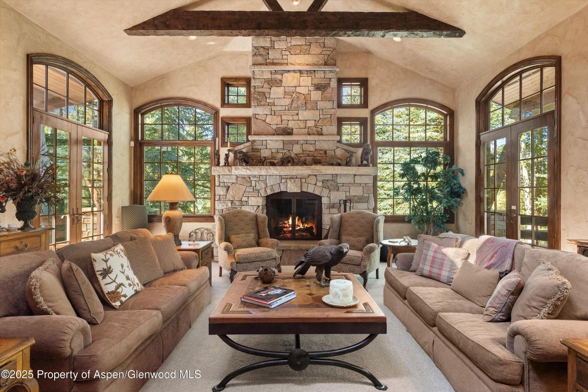 Fireplace, Interior, Living room, Recessed Lighting, Stone Walls, Wooden Beams