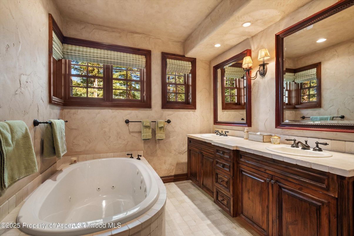 Bathroom, Dual Sink Vanities, Interior, Recessed Lighting, Tile Countertops