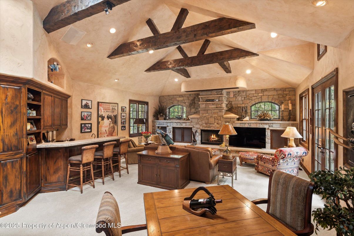 Fireplace, Interior, Living room, Recessed Lighting, Stone Walls, Wooden Beams
