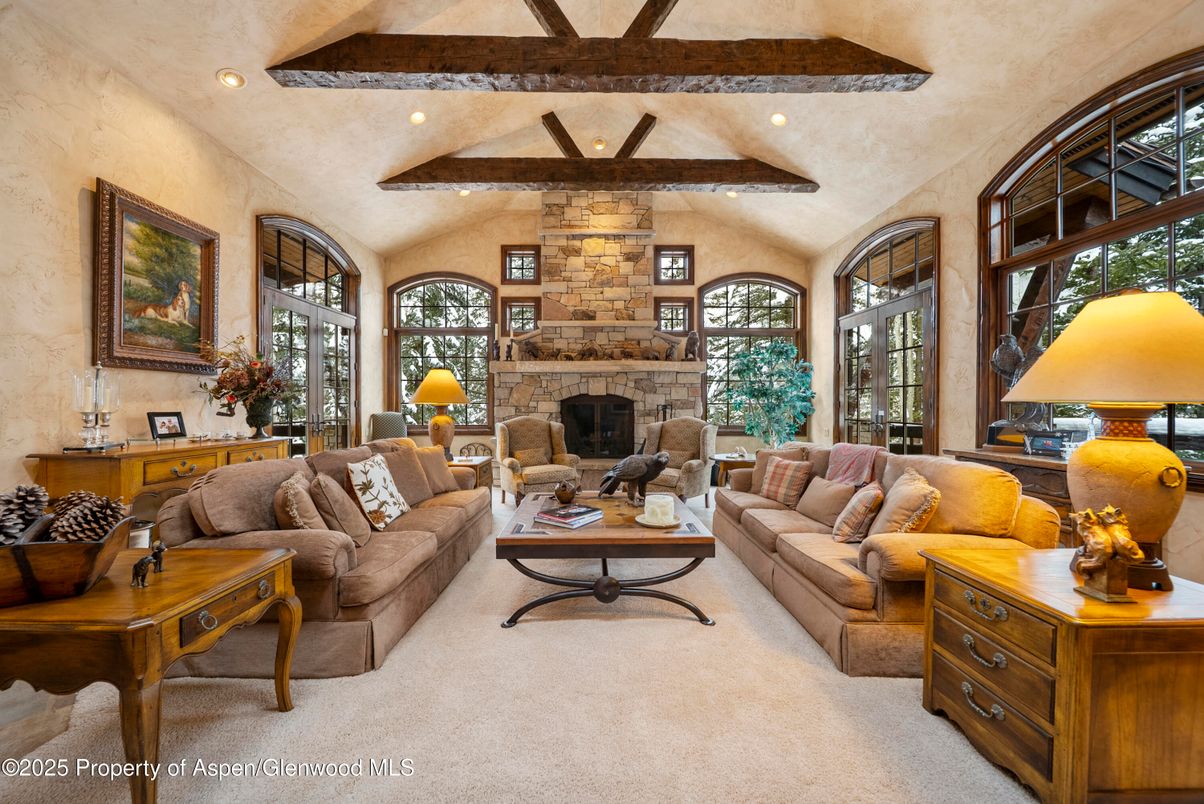 Fireplace, Interior, Living room, Recessed Lighting, Stone Walls, Wooden Beams