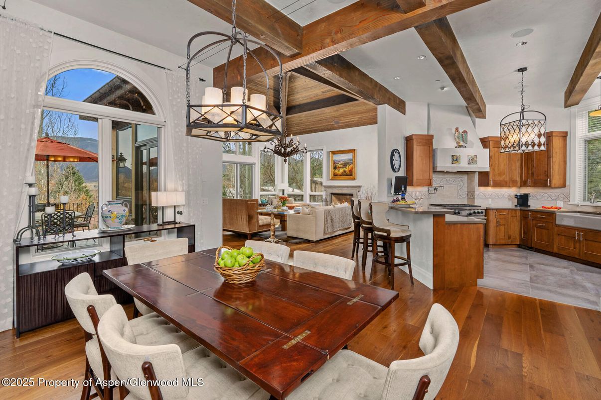 Chandelier, Dining room, Interior, Kitchen, Living room, Pendant Lights, Recessed Lighting, Wooden Beams, Wooden Ceilings, Wood Texture Flooring