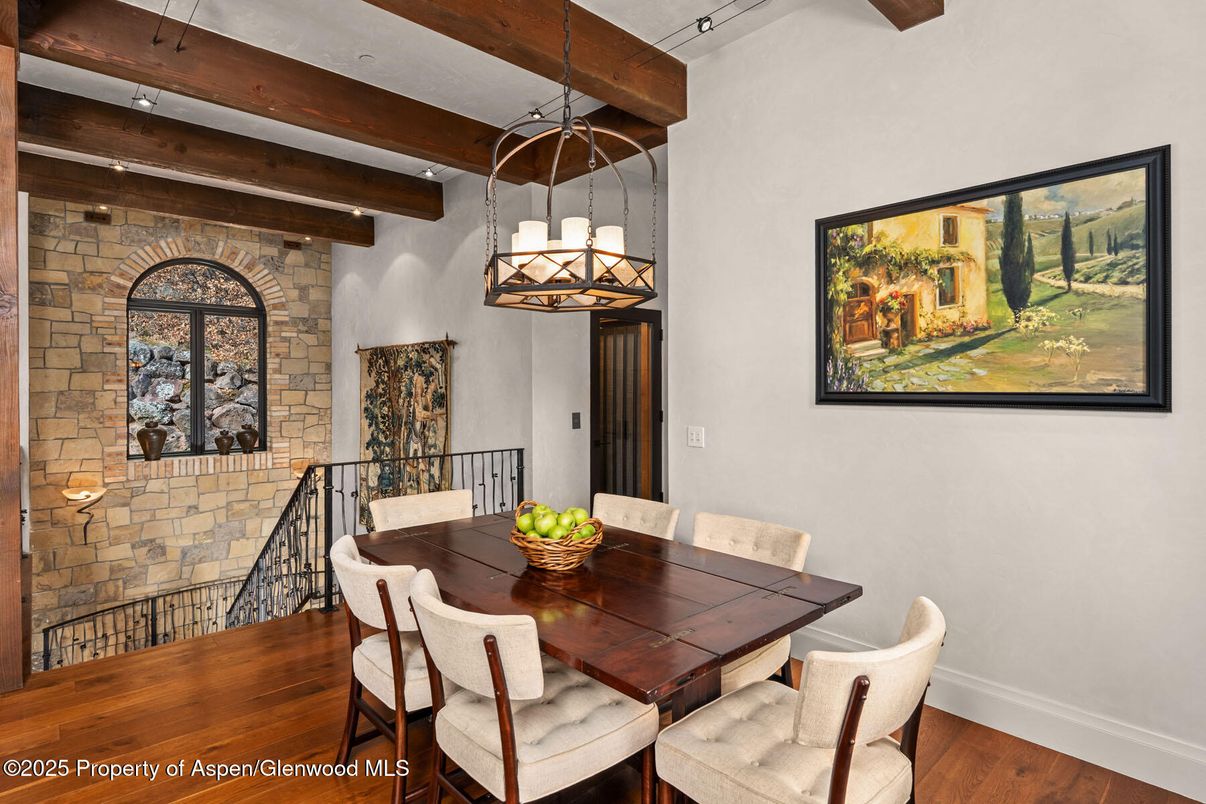 Dining room, Interior, Pendant Lights, Stone Walls, Wooden Beams, Wood Texture Flooring