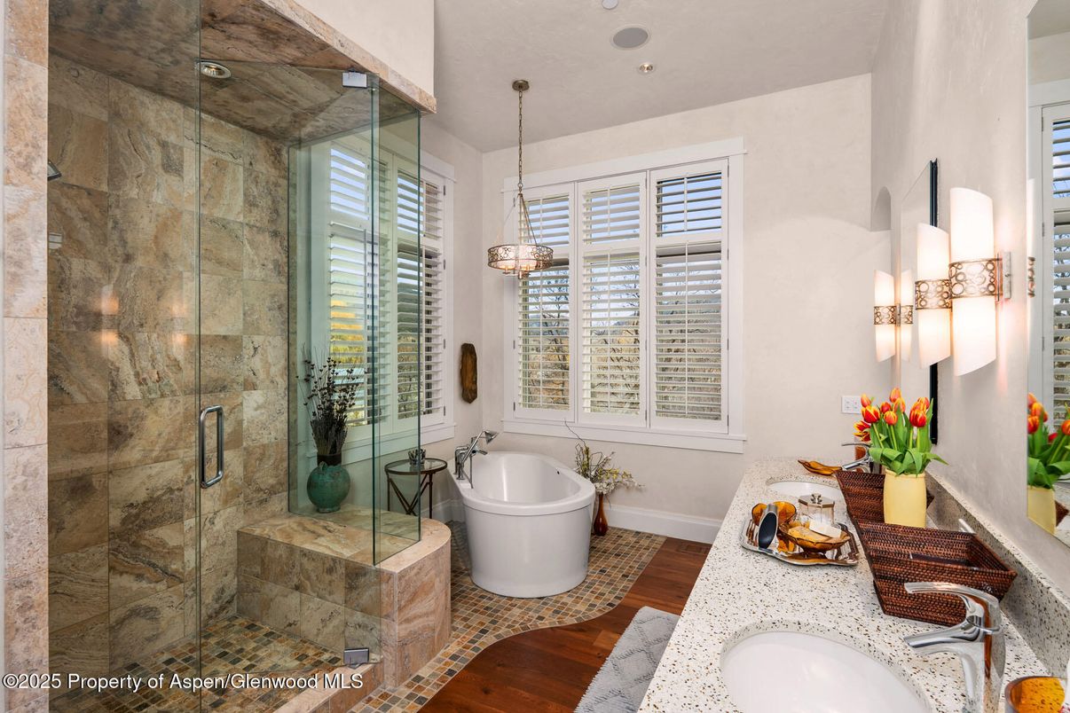 Bathroom, Glass Shower, Interior, Pendant Lights, Stone Walls, Wood Texture Flooring