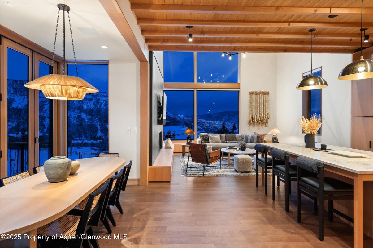 Dining room, Interior, Living room, Pendant Lights, Recessed Lighting, Wooden Beams, Wooden Ceilings, Wood Texture Flooring