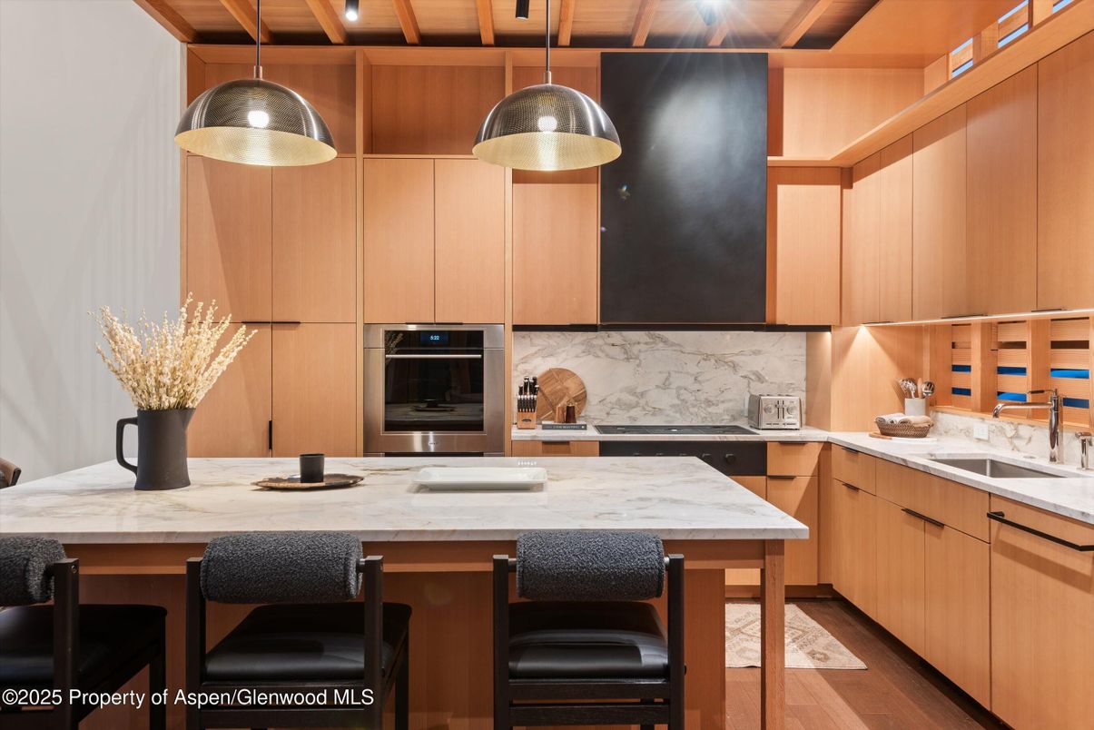 Interior, Kitchen, Marble Walls, Pendant Lights, Recessed Lighting, Stainless Steel Appliances, Wooden Ceilings, Wood Texture Flooring