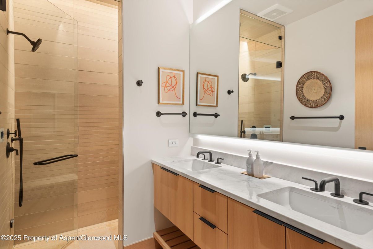 Bathroom, Dual Sink Vanities, Glass Shower, Interior, Wood Texture Flooring