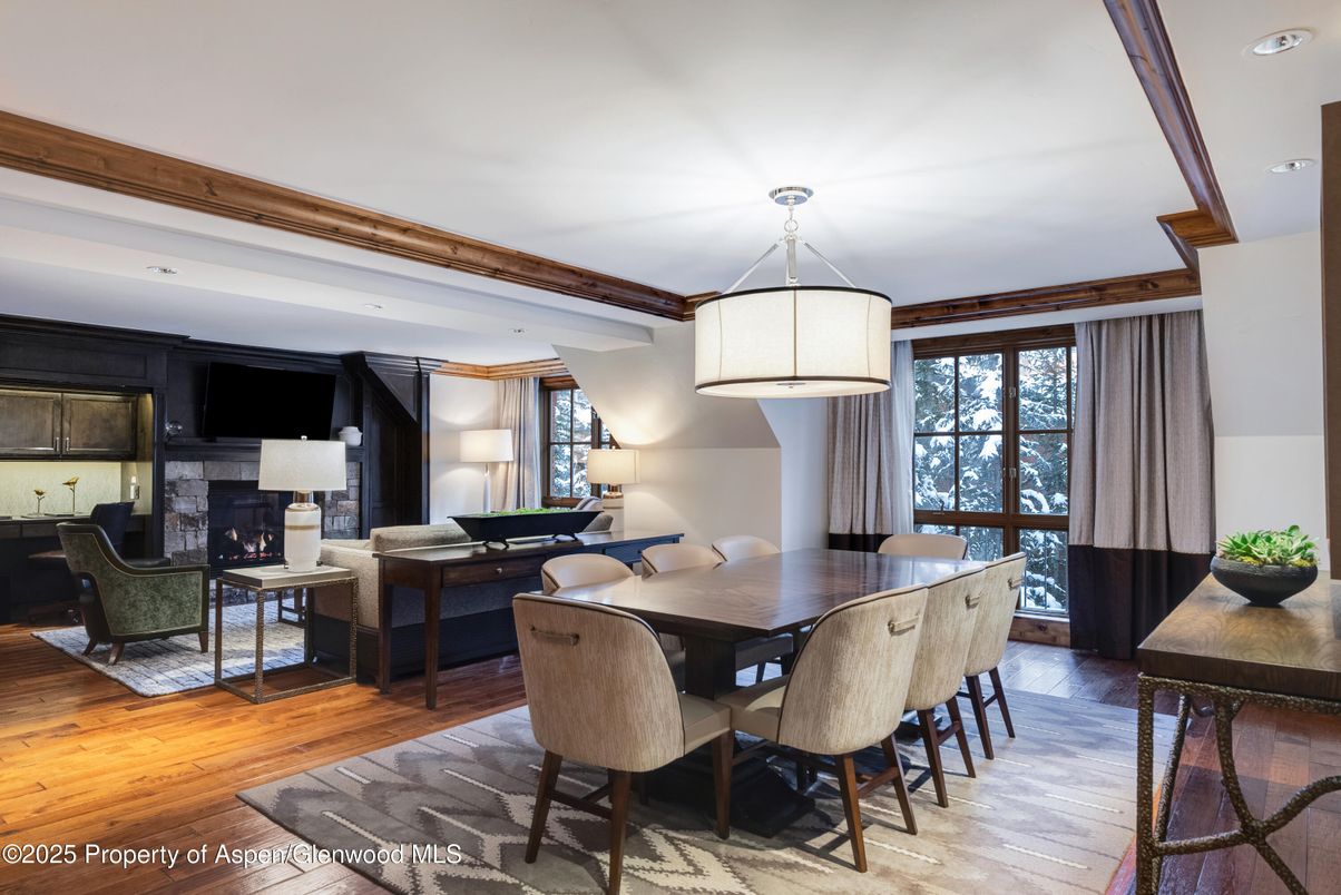 Dining room, Fireplace, Interior, Living room, Recessed Lighting, Wood Texture Flooring