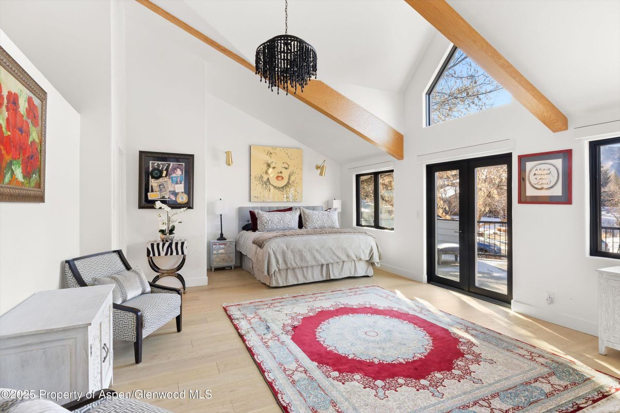 Bedroom, Interior, Pendant Lights, Wooden Beams, Wood Texture Flooring