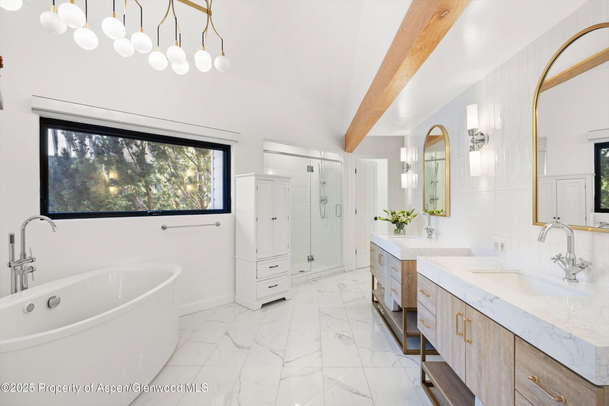 Bathroom, Dual Sink Vanities, Free Standing Baths, Glass Shower, Interior, Marble, Pendant Lights, Wooden Beams