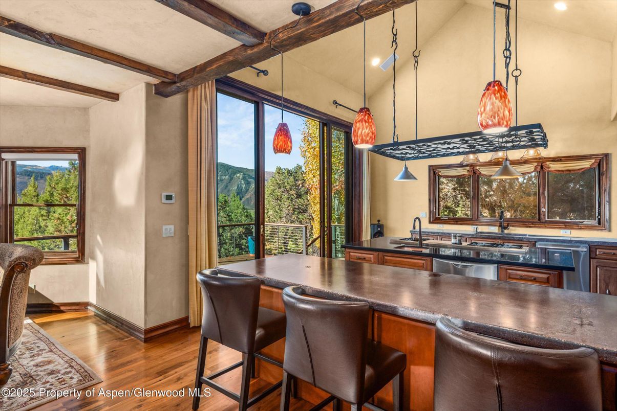 Interior, Kitchen, Pendant Lights, Recessed Lighting, Wooden Beams, Wood Texture Flooring