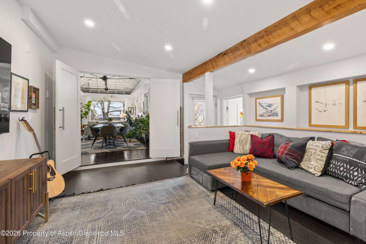 Dining room, Interior, Living room, Recessed Lighting, Wooden Beams, Wood Texture Flooring