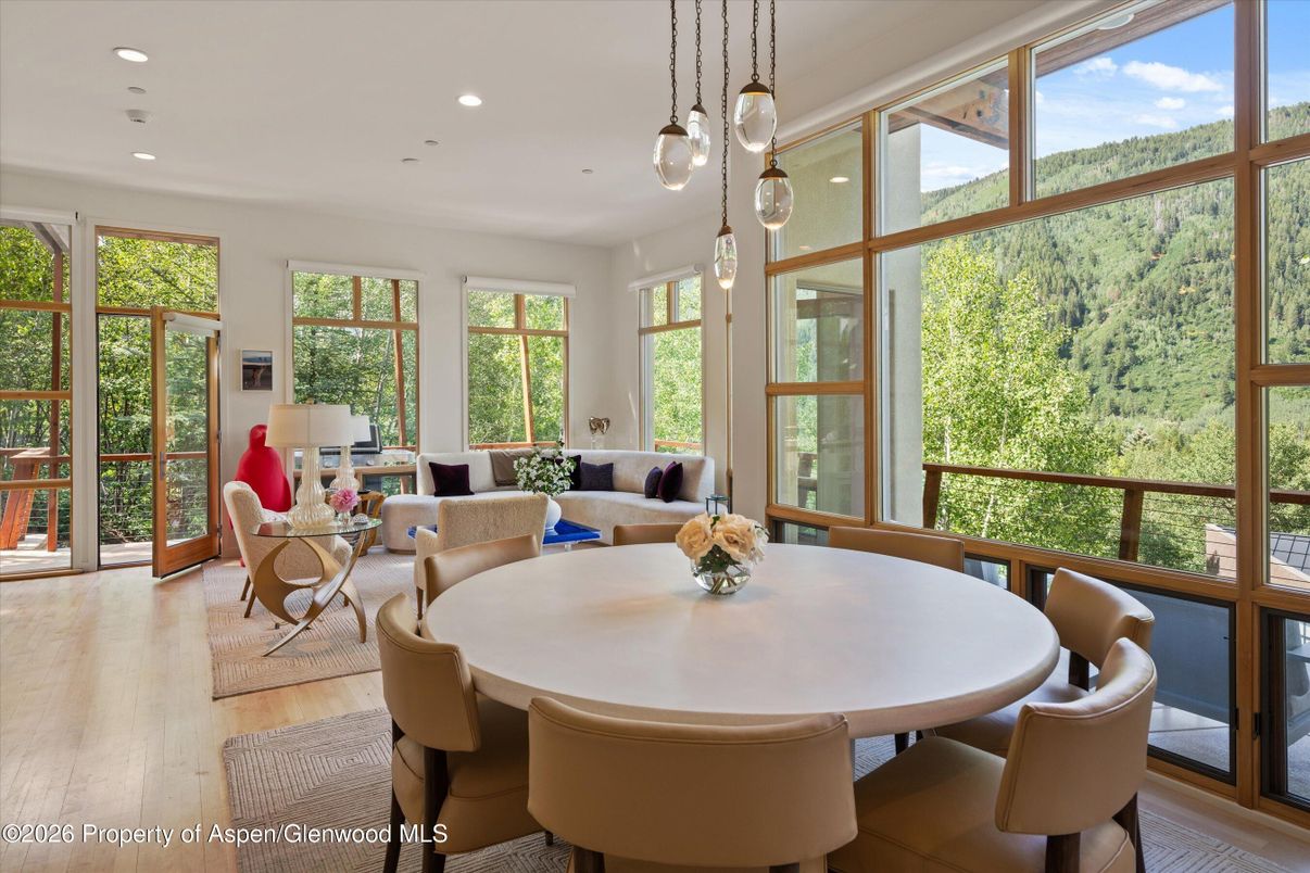 Dining room, Interior, Living room, Pendant Lights, Recessed Lighting, Wood Texture Flooring