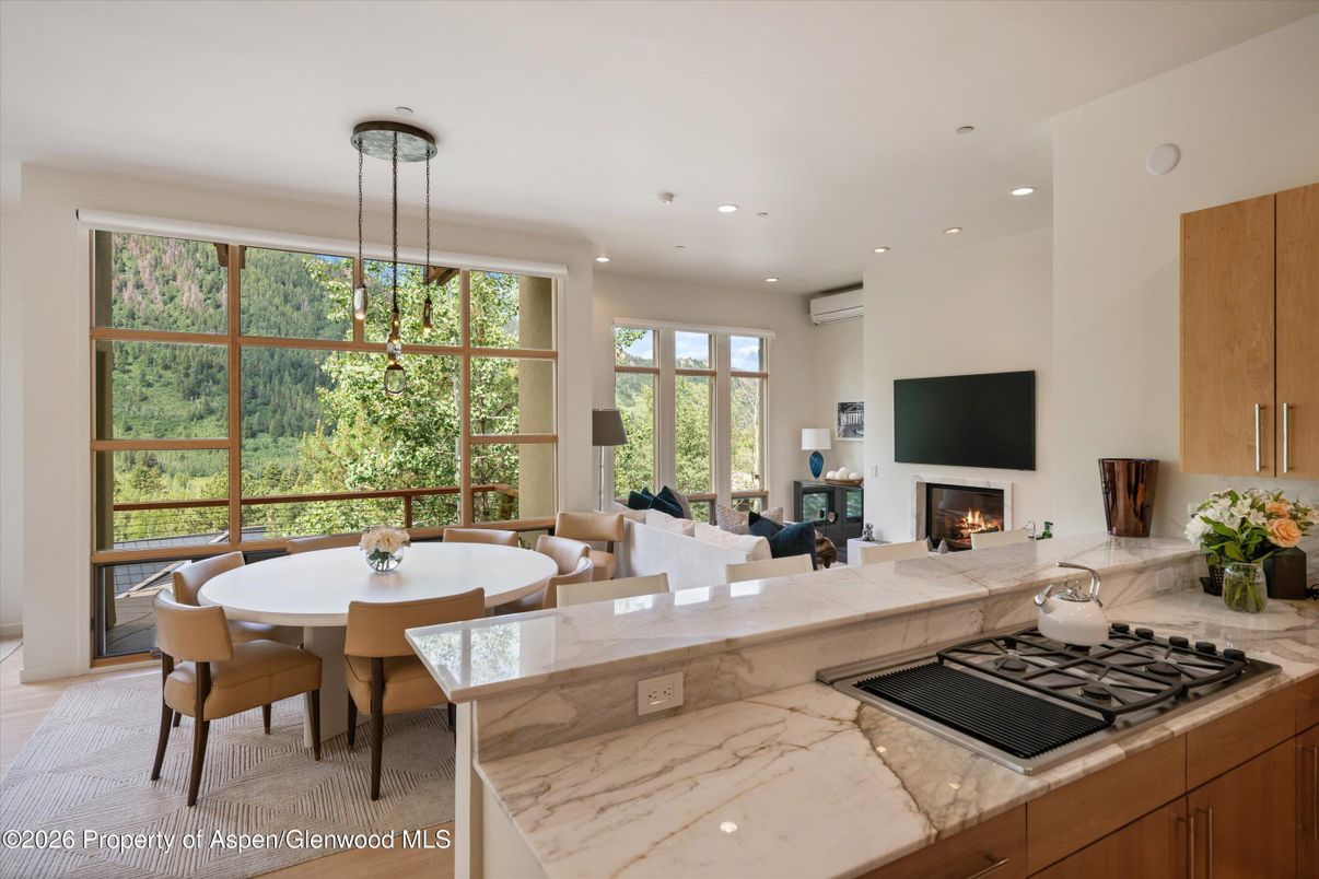 Dining room, Fireplace, Interior, Kitchen, Living room, Pendant Lights, Recessed Lighting