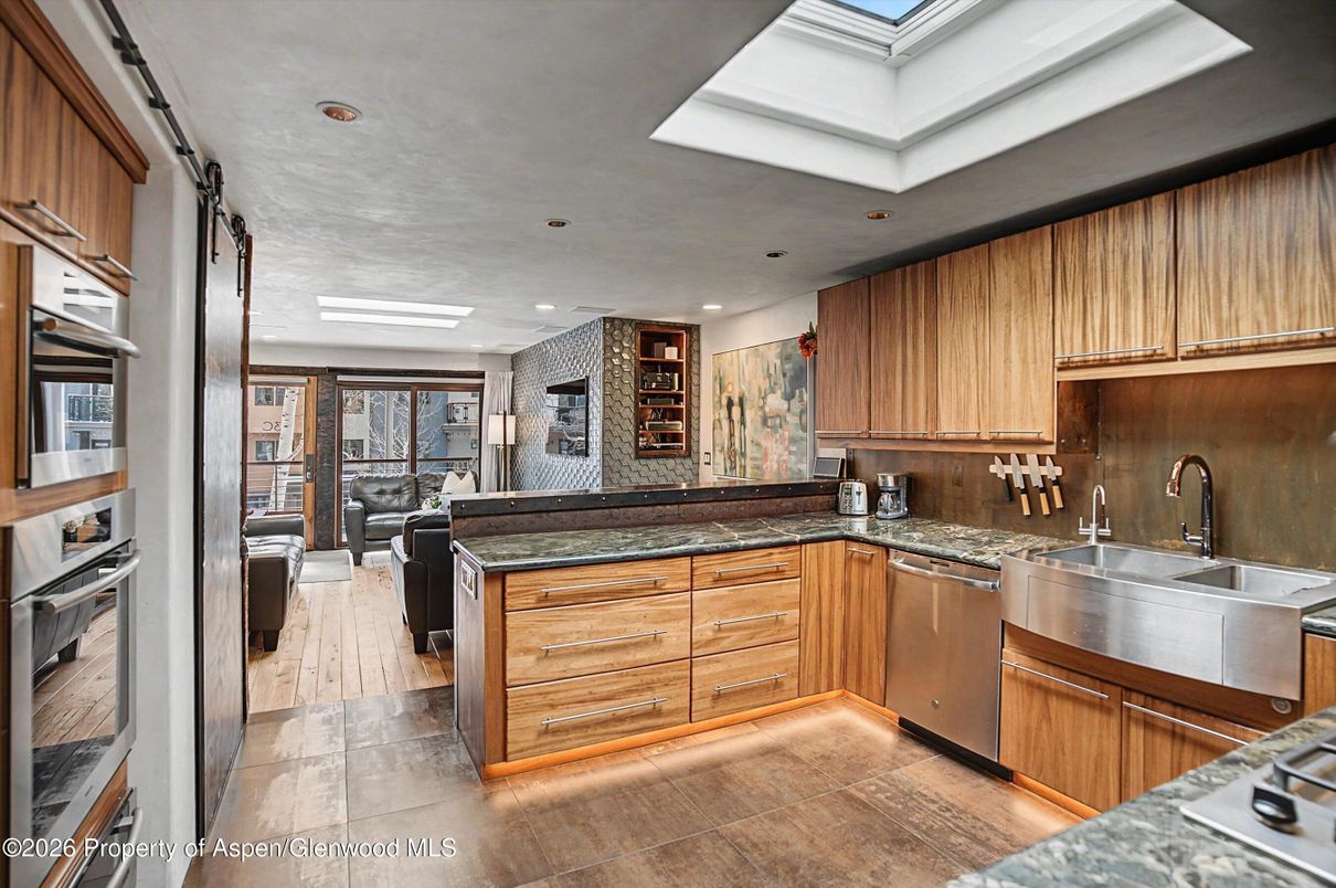 Interior, Kitchen, Living room, Recessed Lighting, Stainless Steel Appliances, Wood Texture Flooring