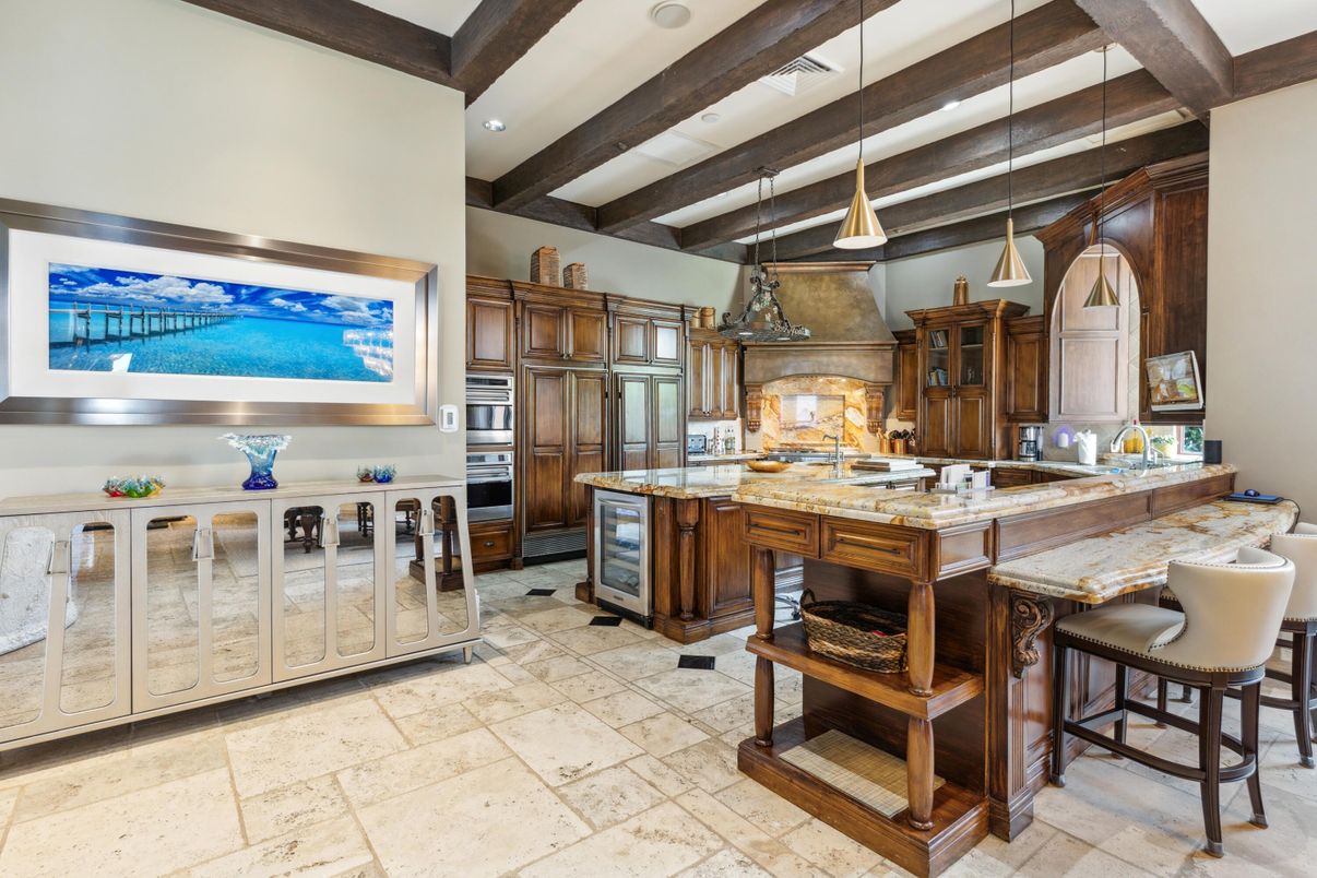 Interior, Kitchen, Pendant Lights, Recessed Lighting, Stainless Steel Appliances, Wooden Beams