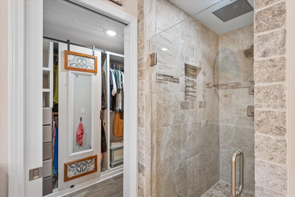 Bathroom, Glass Shower, Interior, Recessed Lighting, Stone Walls