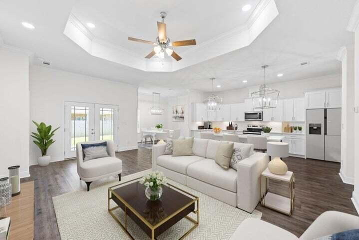 Chandelier, Interior, Kitchen, Living room, Pendant Lights, Recessed Lighting, Stainless Steel Appliances, Wood Texture Flooring