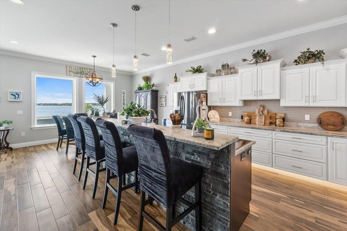 Dining room, Interior, Kitchen, Pendant Lights, Recessed Lighting, Water, Wood Texture Flooring