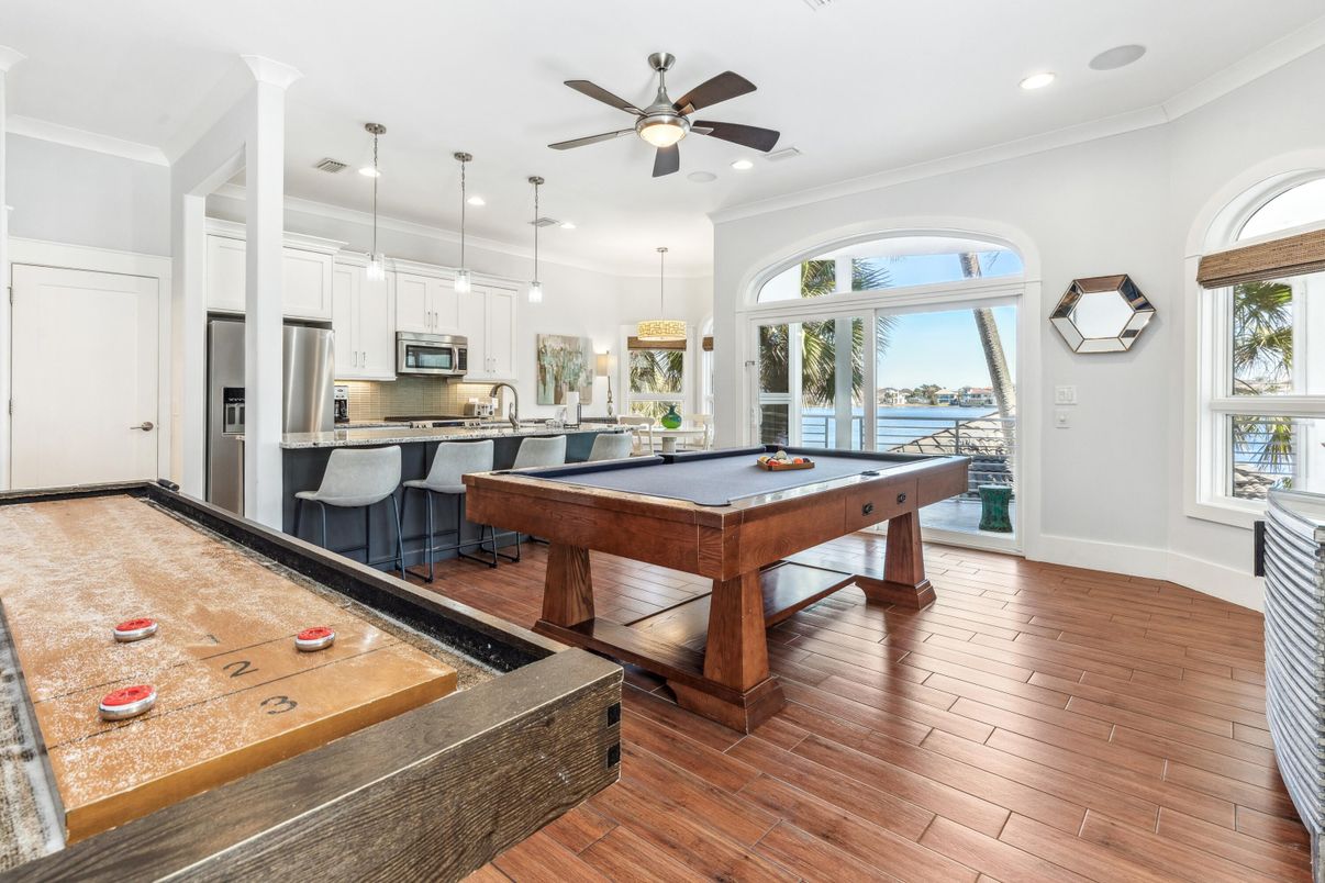 Billiard Table, Game Room, Interior, Kitchen, Pendant Lights, Recessed Lighting, Stainless Steel Appliances, Wood Texture Flooring