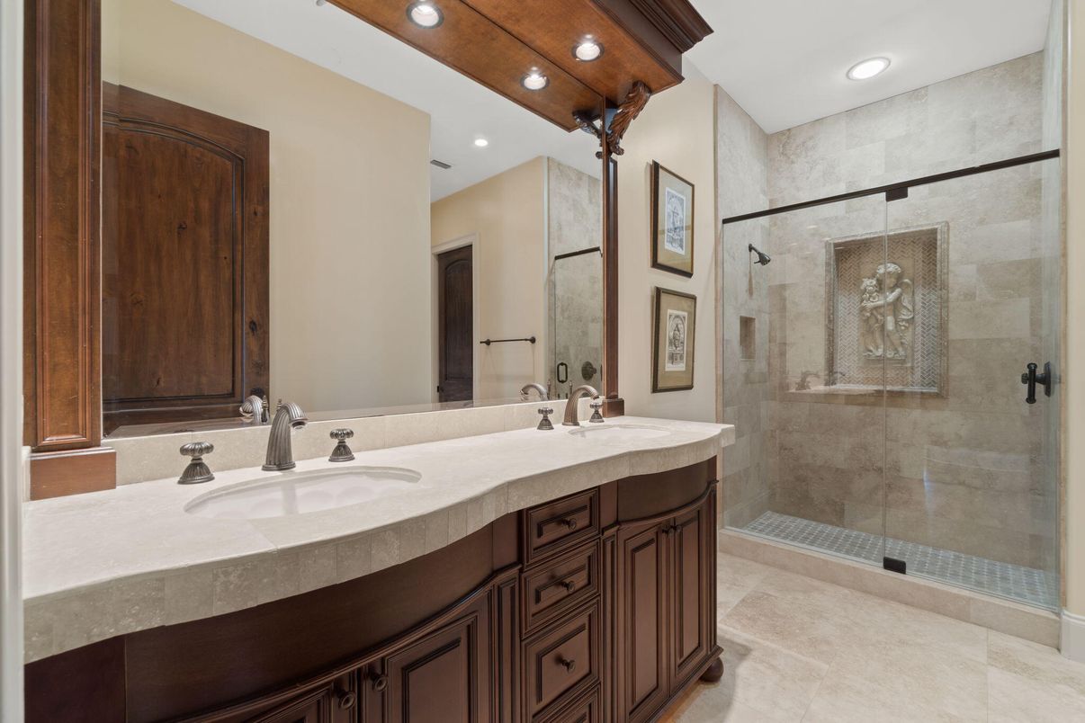 Bathroom, Dual Sink Vanities, Glass Shower, Interior, Recessed Lighting