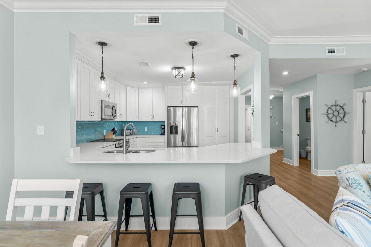 Interior, Kitchen, Pendant Lights, Recessed Lighting, Stainless Steel Appliances, Wood Texture Flooring