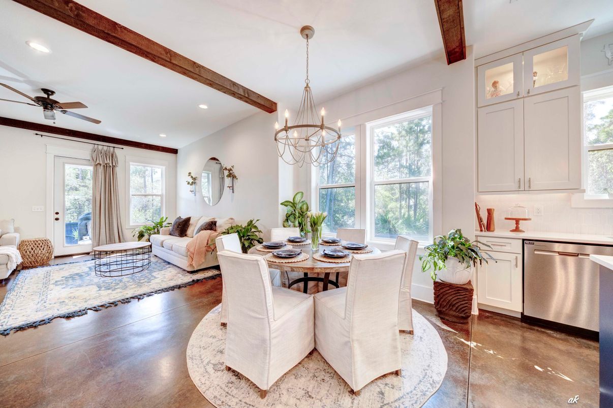 Chandelier, Dining room, Interior, Kitchen, Living room, Recessed Lighting, Stainless Steel Appliances, Wooden Beams