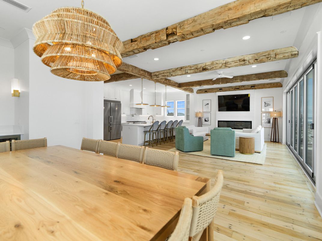 Chandelier, Dining room, Fireplace, Interior, Kitchen, Living room, Pendant Lights, Recessed Lighting, Wood Texture Flooring