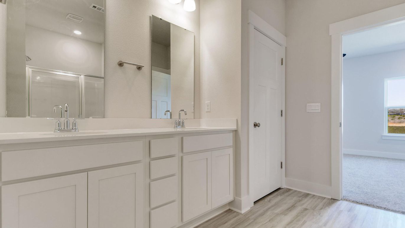 Bathroom, Dual Sink Vanities, Interior, Recessed Lighting, Wood Texture Flooring