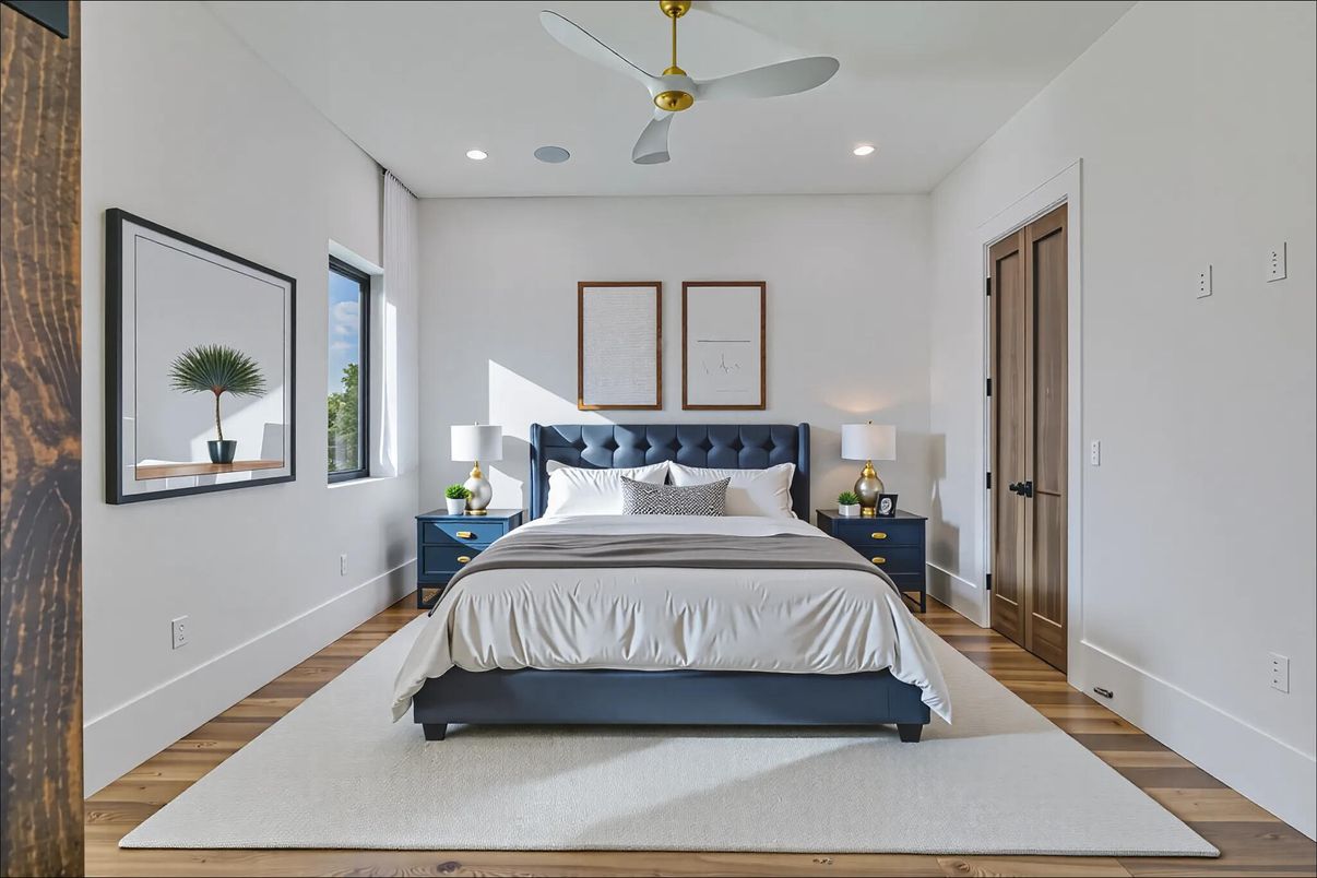 Bedroom, Interior, Recessed Lighting, Wood Texture Flooring