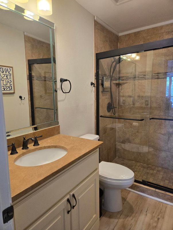 Bathroom, Glass Shower, Interior, Wood Texture Flooring