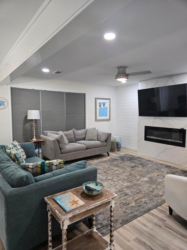 Fireplace, Interior, Living room, Recessed Lighting, Wood Texture Flooring