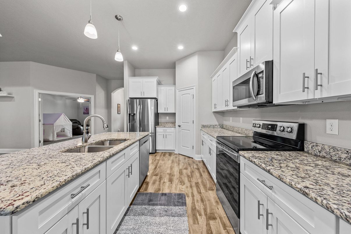 Interior, Kitchen, Pendant Lights, Recessed Lighting, Stainless Steel Appliances, Wood Texture Flooring