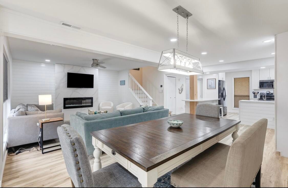 Dining room, Fireplace, Interior, Kitchen, Living room, Pendant Lights, Recessed Lighting, Wood Texture Flooring