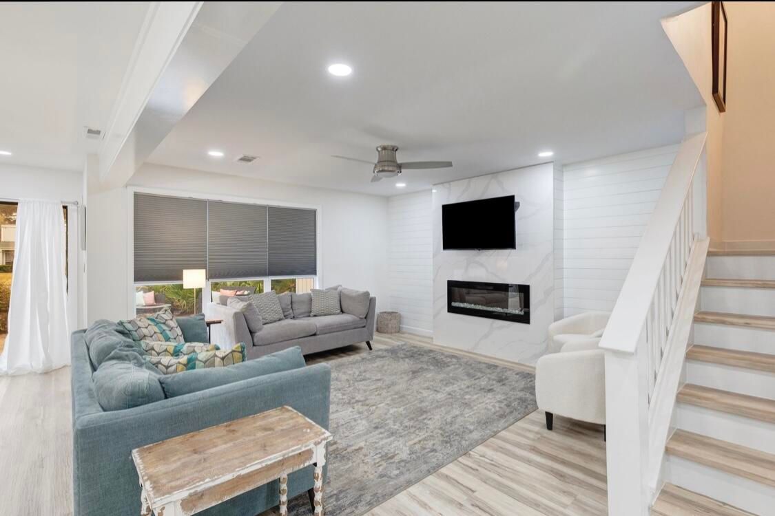 Fireplace, Interior, Living room, Recessed Lighting, Wood Texture Flooring