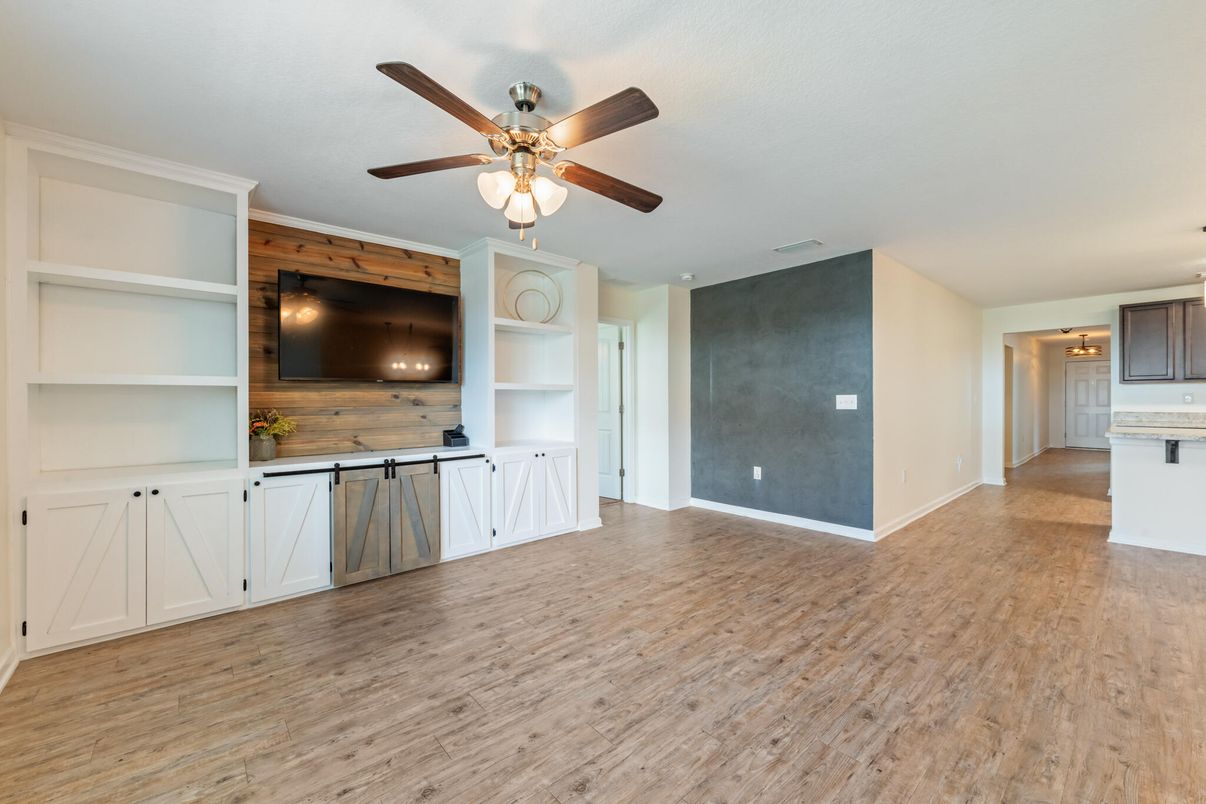 Empty room, Interior, Kitchen, Recessed Lighting, Wood Texture Flooring