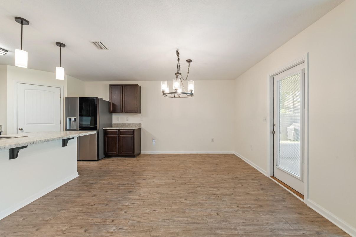 Chandelier, Empty room, Interior, Kitchen, Pendant Lights, Wood Texture Flooring