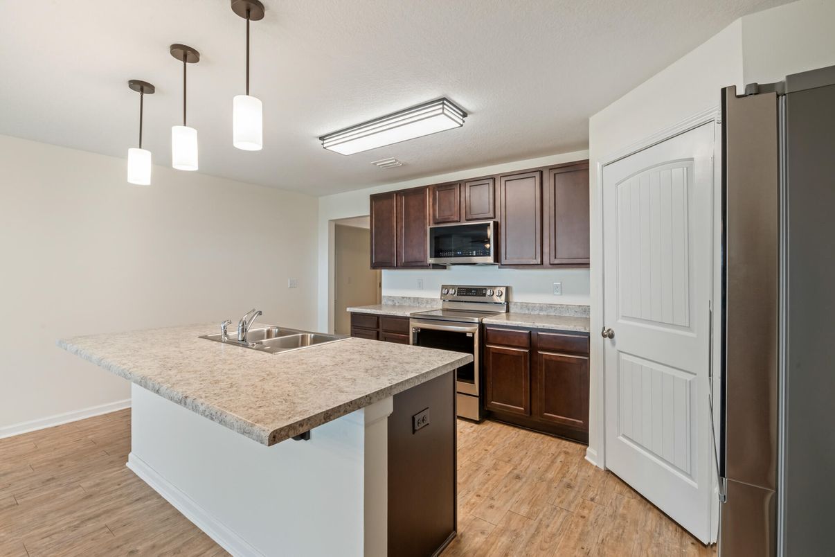 Interior, Kitchen, Pendant Lights, Wood Texture Flooring