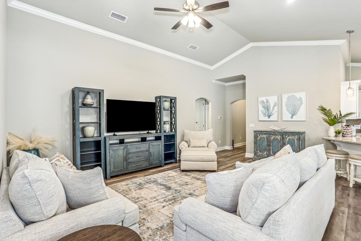 Interior, Living room, Recessed Lighting, Wood Texture Flooring