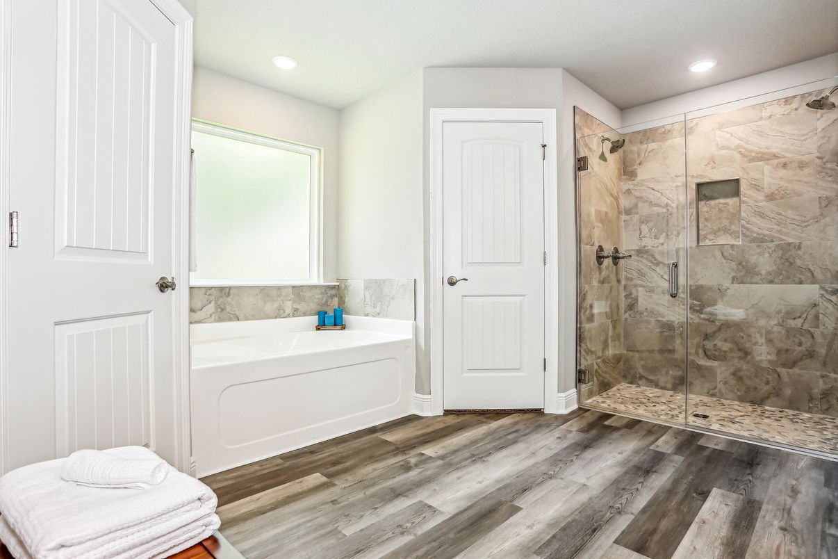 Bathroom, Glass Shower, Interior, Marble Walls, Recessed Lighting, Wood Texture Flooring