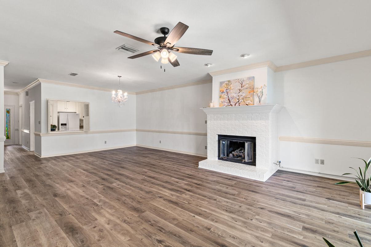Chandelier, Empty room, Fireplace, Interior, Wood Texture Flooring