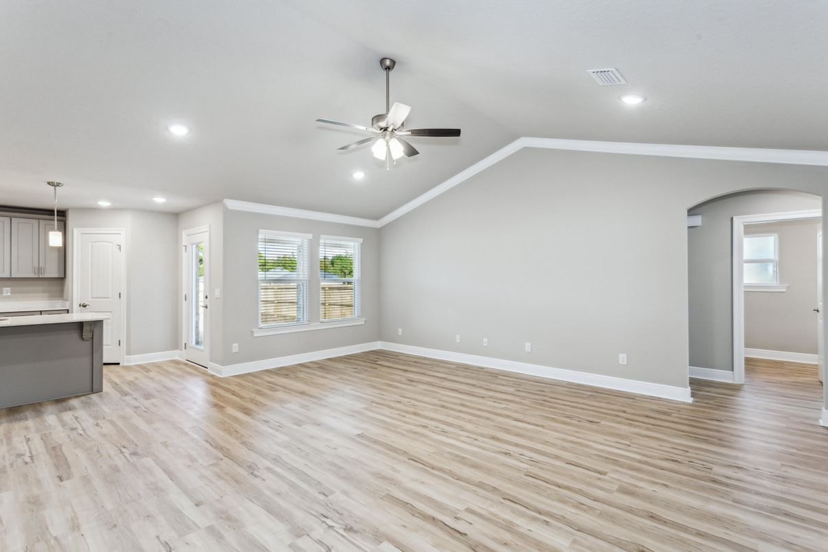 Empty room, Interior, Kitchen, Pendant Lights, Recessed Lighting, Wood Texture Flooring