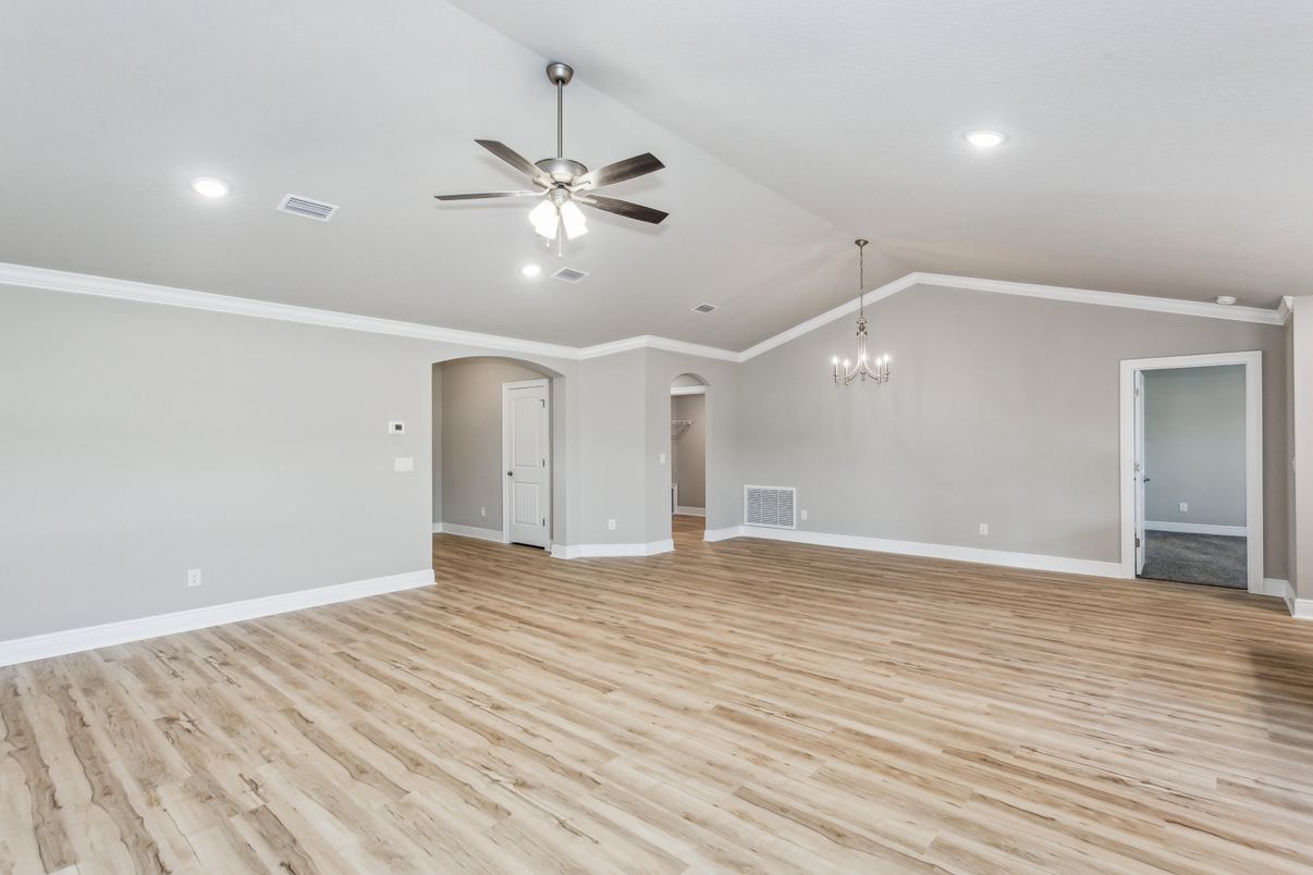 Chandelier, Empty room, Interior, Recessed Lighting, Wood Texture Flooring
