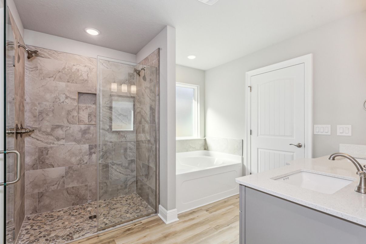 Bathroom, Glass Shower, Interior, Marble Walls, Recessed Lighting, Wood Texture Flooring