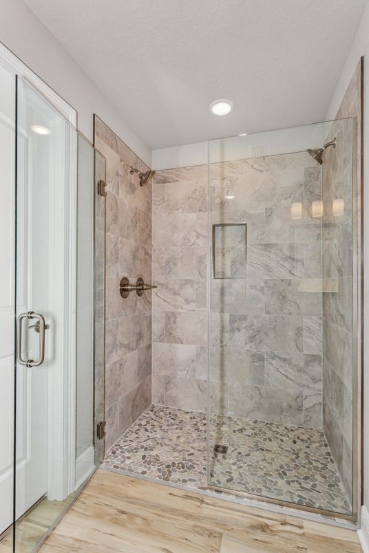 Bathroom, Glass Shower, Interior, Marble Walls, Recessed Lighting, Wood Texture Flooring