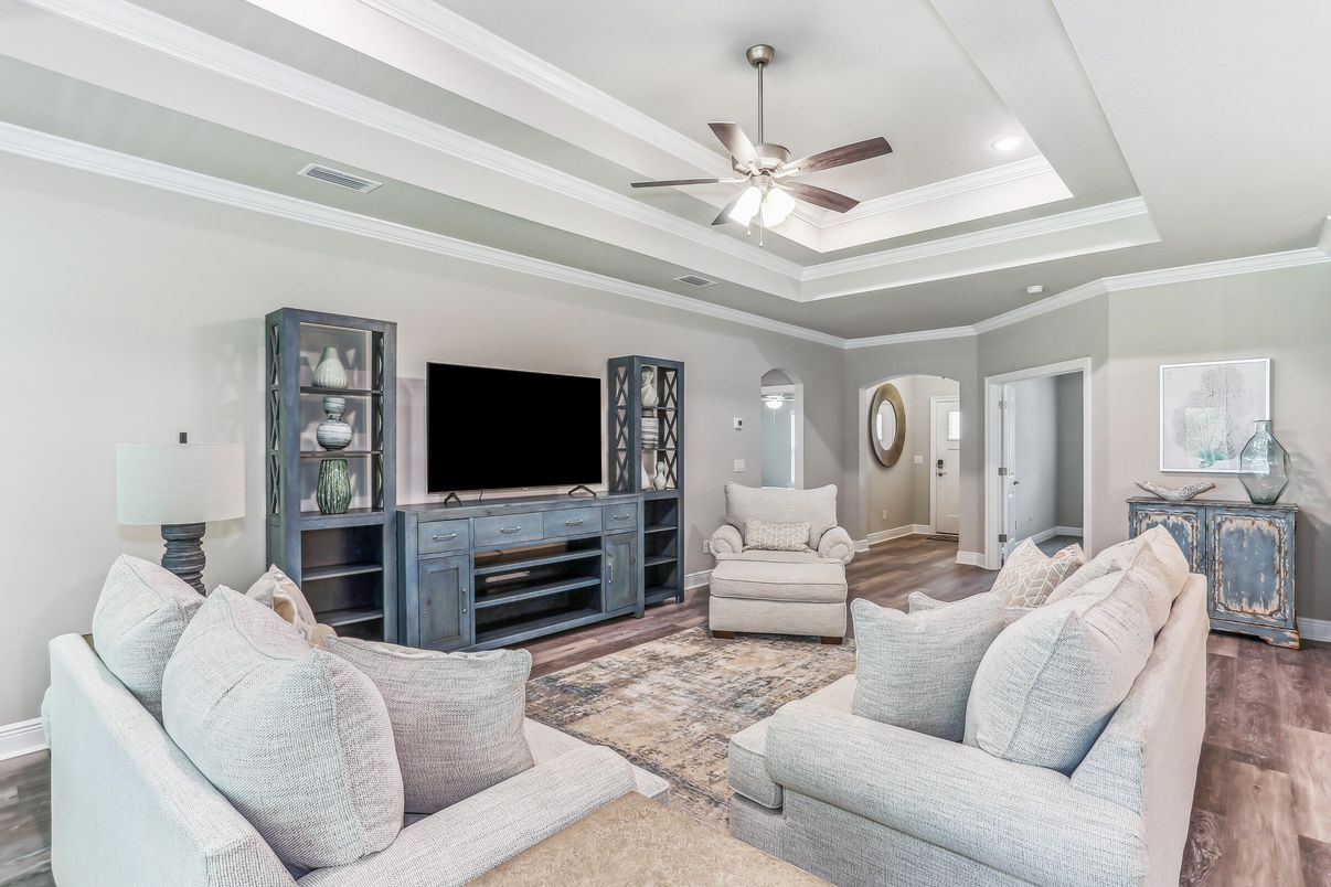 Interior, Living room, Recessed Lighting, Wood Texture Flooring