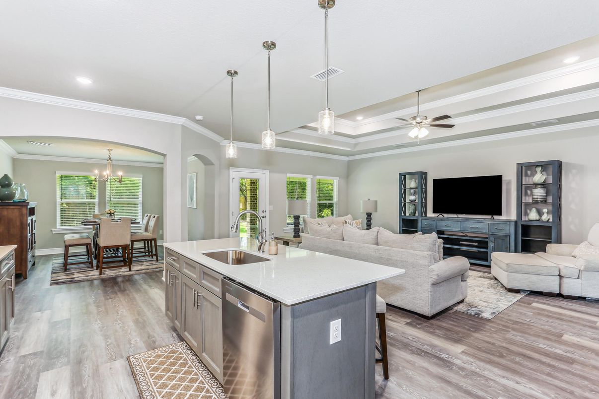 Dining room, Interior, Kitchen, Living room, Pendant Lights, Recessed Lighting, Wood Texture Flooring